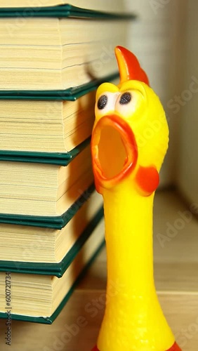 vertical video of rubber chicken book background
