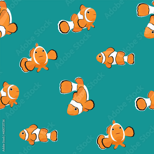 Seamless pattern with clownfish on turquoise background.