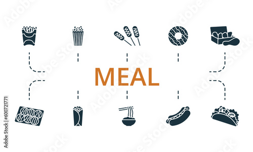 Meal set. Creative icons: french fries, popcorn, corndog, donut, chicken nugget, takoyaki, burrito, noodles, hot dog, taco.