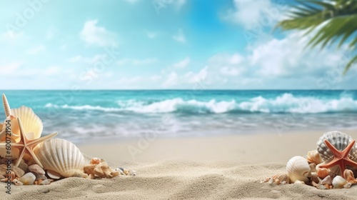 Sandy beach vacation themed background, with empty copy space, Generative AI