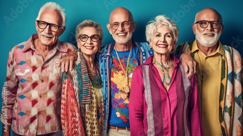 Group of stylish elderly people looking at the camera while standing together with confident poses and colourful clothing, Generative AI © Salsabila Ariadina