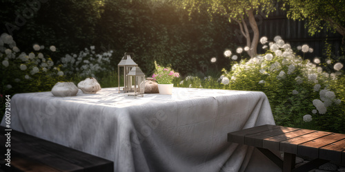 Fototapeta Naklejka Na Ścianę i Meble -  Sunny morning in the blooming garden. Table covered  white table cloth, decorated vintage lanterns. outdoors breakfast. Summertime. Place for relax, rest. Generative ai.