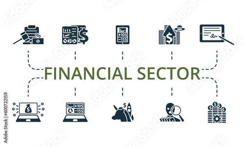 Financial sector set. Creative icons: tax regulation, financial data analytics, digital banking, future of money, electronic signature, crowdfunding platform, e-banking, unicorn startup, fraud