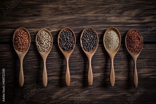 Assortment of legumes in wooden spoons on wooden background.