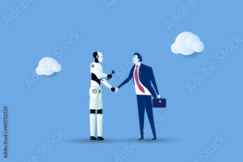 businessman shakes hands with robot as sign of friendship between humans and artificial intelligence AI. Concept developing technologies equipped with artificial intelligence and neuron networks.