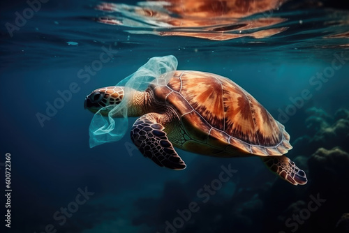 Sea turtle with plastic bag in ocean. Plastic waste pollution under water is environmental problem, created with Generative AI © sommersby