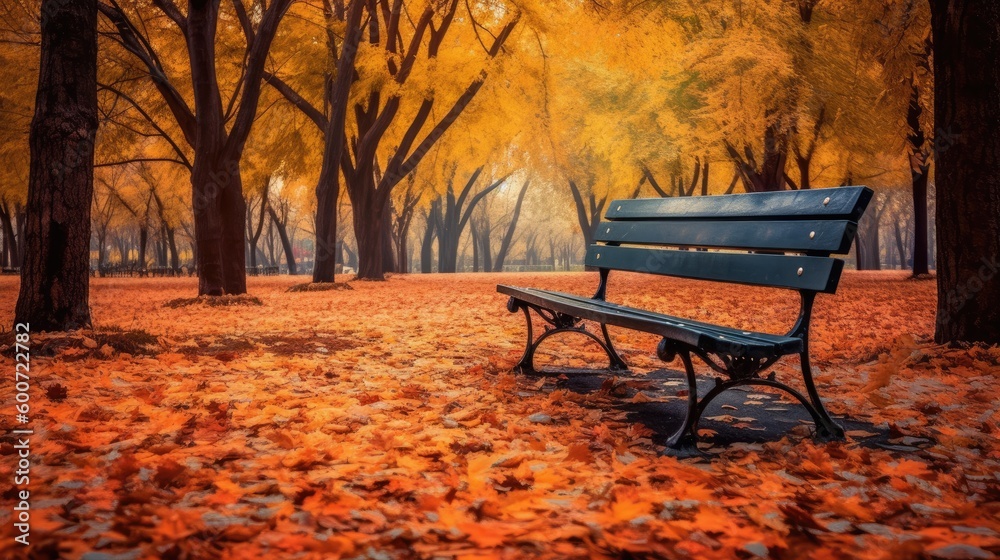 A side-view of Autumn leaves on a park bench. Generative AI 