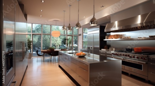A modern kitchen interior with kitchen stainless steel appliances and a central metal table. Generative AI 