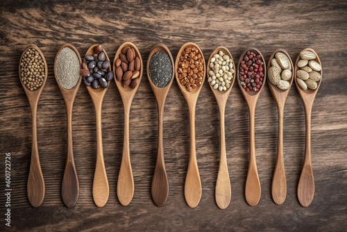 Assortment of legumes in wooden spoons on wooden background.