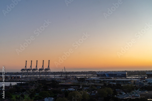 sunset over the city of Melbourne, Port Philip Bay