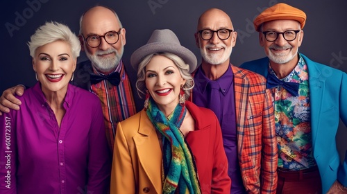 Group of stylish elderly people looking at the camera while standing together with confident poses and colourful clothing, Generative AI