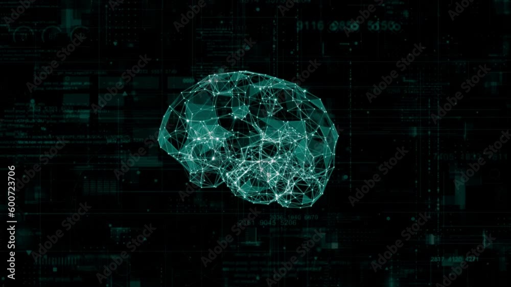 Motion graphic of Blue polygon digital brain logo with grid line on ...