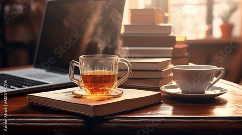 A laptop and a cup of tea with stacks of books on a table. Generative AI 