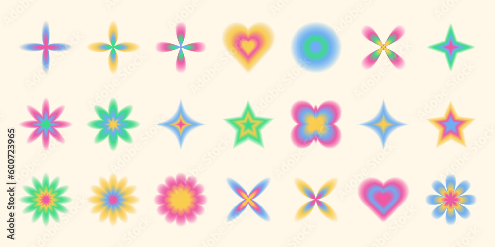 Trendy shape collection, blurred colorful objects and symbols in Y2K aesthetics. Vector set of design graphic elements and decorations. Trendy shape collection, blurred colorful objects and symbols in Y2K aesthetics. Vector set of design graphic elements and decorations.