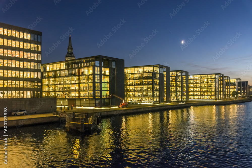 Financial district at night in Copenhagen, Denmark