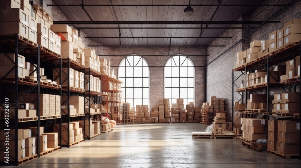 Fototapeta premium A large warehouse with boxes and shelves. Generative AI 