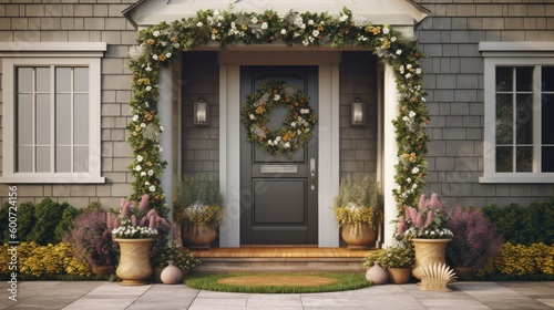 A welcome home entrace with a christmas wreath on the front door. Generative AI  photo