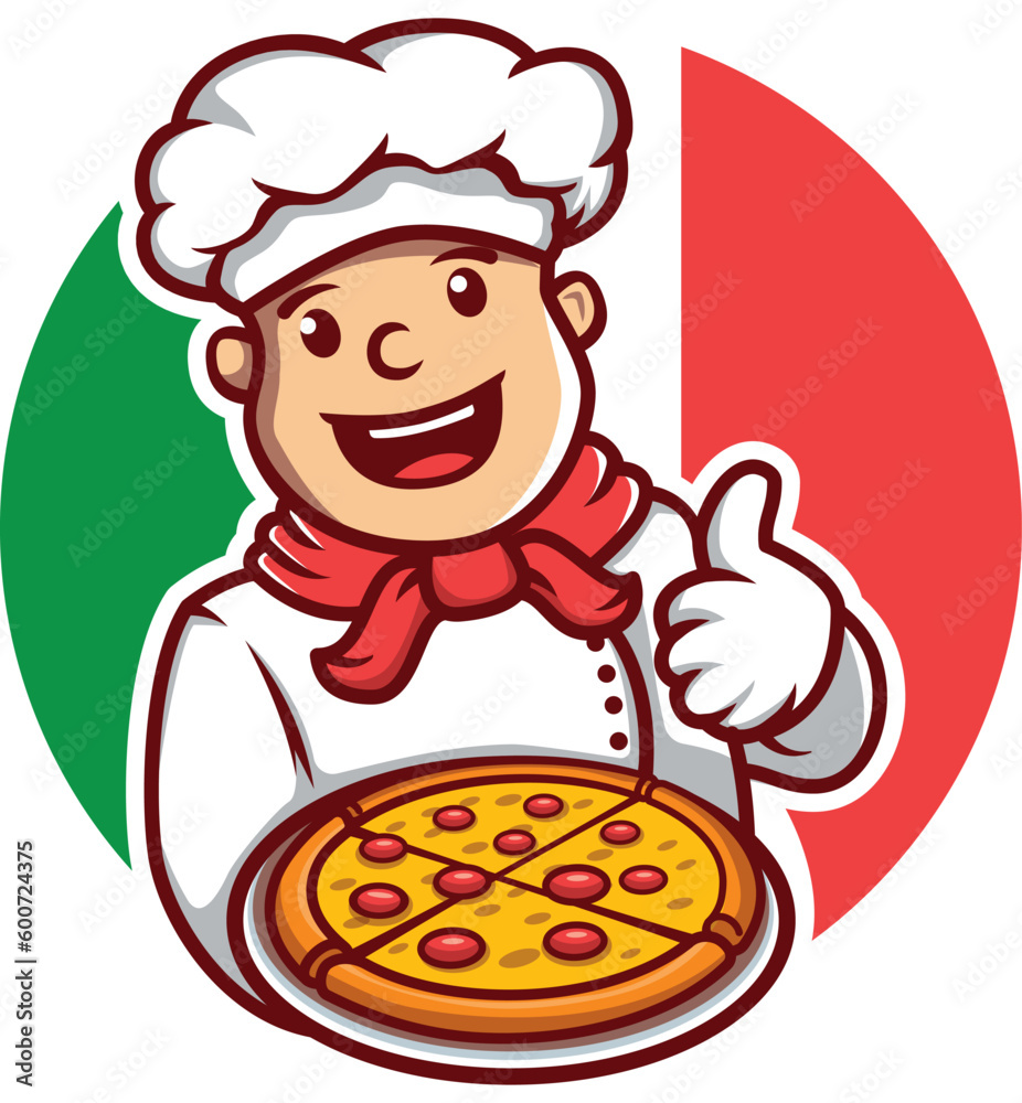 Chef happy cartoon holding a tray of pizza and give a thumbs up logo character mascot illustration vector Chef happy cartoon holding a tray of pizza and give a thumbs up logo character mascot illustration vector