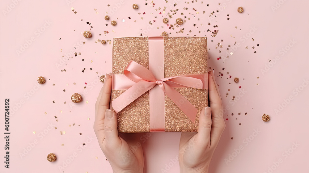 Hands-holding gift package in kraft paper with a pink ribbon on a trendy natural beige background with glitter. Flat lay, top view Hands-holding gift package in kraft paper with a pink ribbon on a trendy natural beige background with glitter. Flat lay, top view