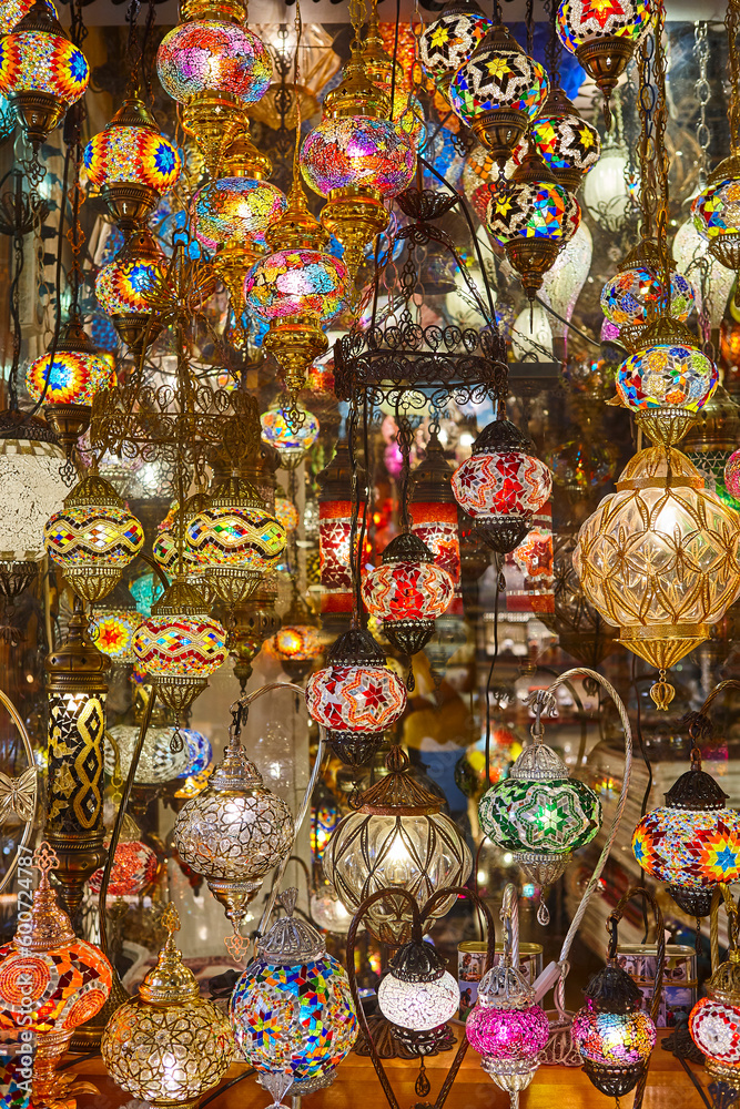 Grand bazaar interior in Istanbul city center. Lamps shop. Turkey