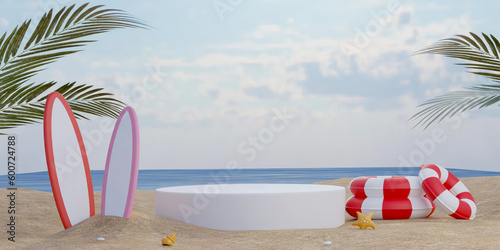 cylinder stage podium empty with summer beach background and surfboard, swimming ring, palm leaf, concept of summer. 3d illustration or 3d render