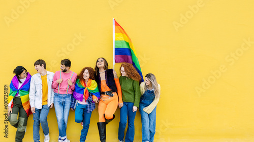 фотографія Young group of people leaning on yellow background celebrating together LGBTQI gay pride festival day