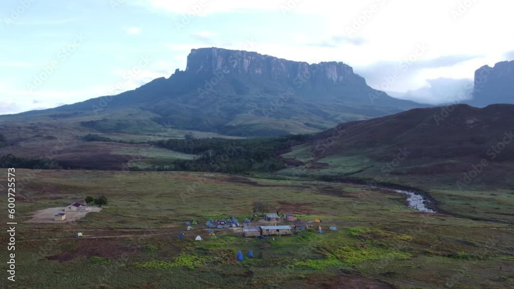 Aerial view of Tek river campsite in middle of Roraima Tepui prairie. Trekking in Venezuela Aerial view of Tek river campsite in middle of Roraima Tepui prairie. Trekking in Venezuela