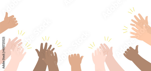 Hands of kids with racial diversity clapping and giving thumbs up signal in flat design photo