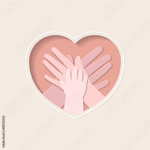 Three hands of family members, baby, mother and father, stacking on top of each other in heart shaped paper cutting art vector