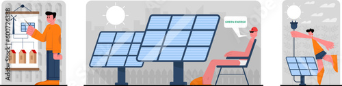 Consumption of solar panel energy at home vector set