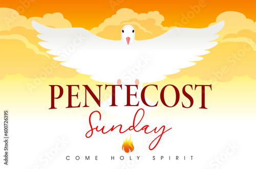 Pentecost Sunday, bulletin banner concept. Come Holy Spirit, flying dove in sky - design for poster of worship or invitation. The Outpouring of the Spirit, vector illustration