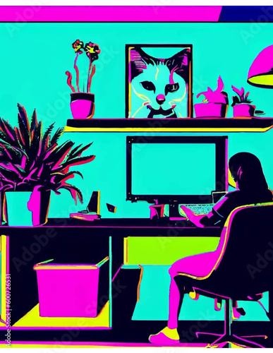 vector pop art with warm colors of a woman working from home office.