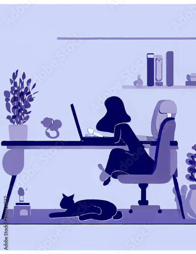 minimalist vector with cold colors of a woman working in her office.