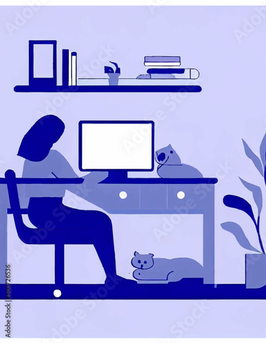 minimalist vector with cold colors of a woman working in her office.