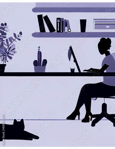 minimalist vector with cold colors of a woman working in her office.