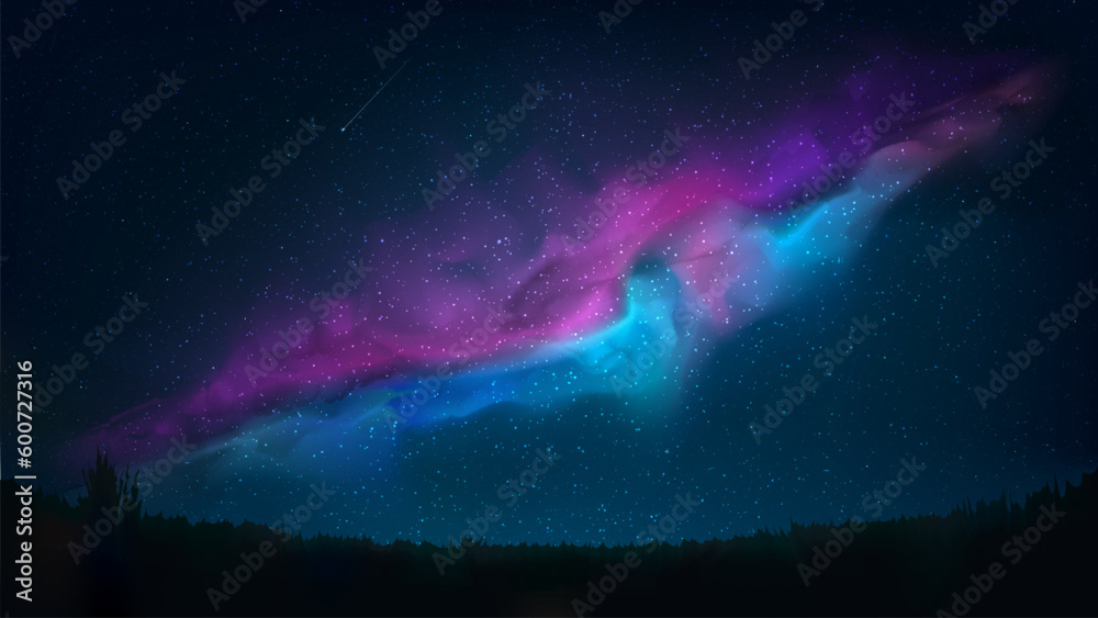 Night shining starry sky. Dark blue space background with stars, pink violet blue nebula, milky way, meteor. Starlight night in nature, cosmos. Meadow, field. Vector illustration