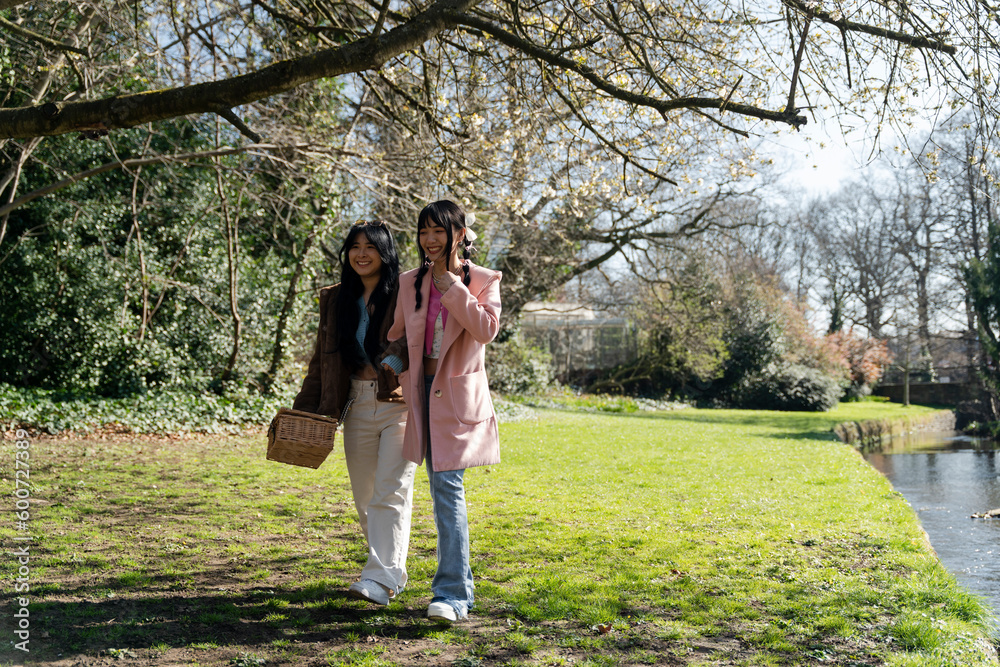 Fototapeta premium Young female friends walking in park