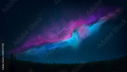 Night shining starry sky. Dark blue space background with stars, pink violet blue nebula, milky way, meteor. Starlight night in nature, cosmos. Meadow, field. Vector illustration © valerybrozhinsky