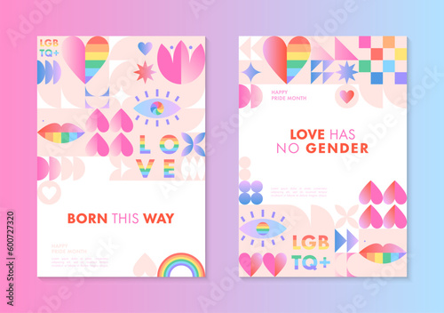 Pride month posters templates.LGBTQ+ community vector illustrations in bauhaus style with geometric elements and rainbow lgbt symbols.Human rights movement concept.Gay parade.Colorful cover designs.