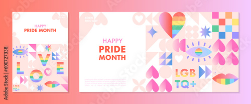 Pride month banners templates.LGBTQ+ community vector illustrations in bauhaus style with geometric elements and rainbow lgbt symbols.Human rights movement concept.Gay parade.Colorful cover designs.