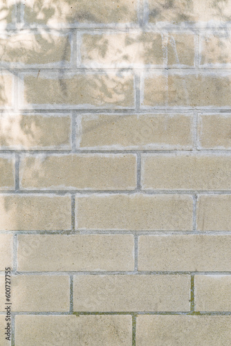 Building exterior, textured brick wall background with sunbeam and shadows..