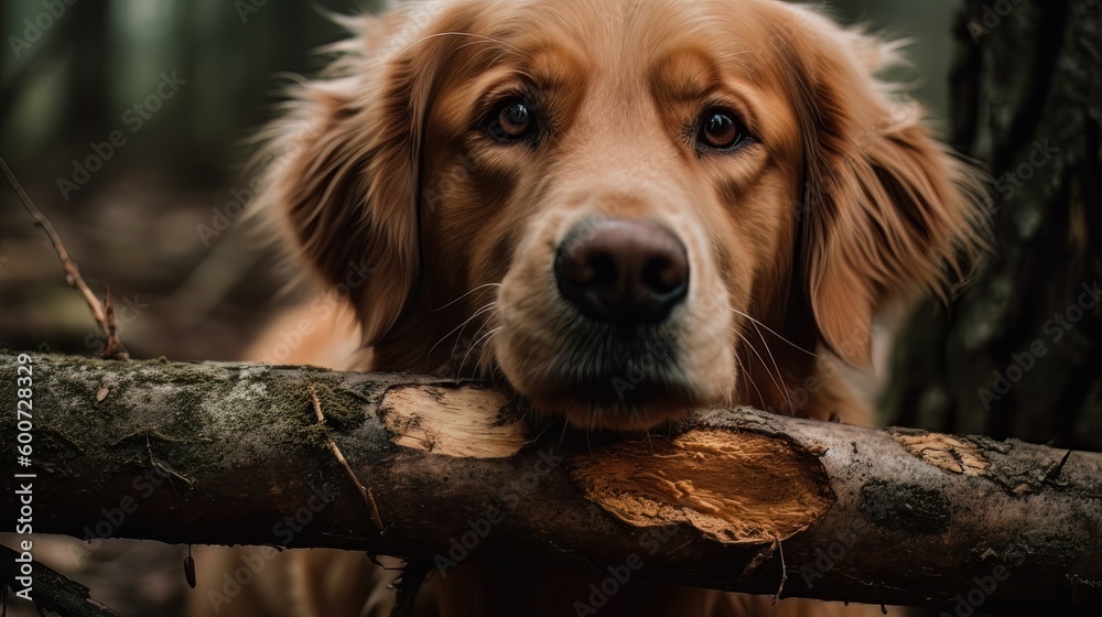 Beautiful golden retriever dog playing with a wooden stick. Created with generative AI technology