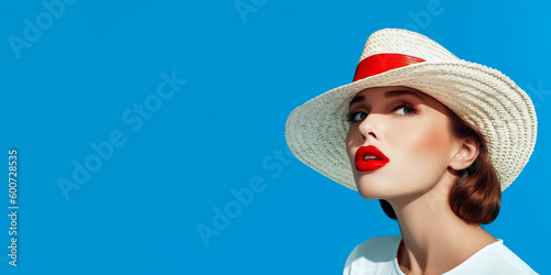 Summer offer banner with attractive woman wearing summer clothing and straw hat. Isolated on solid color background. © TimeaPeter