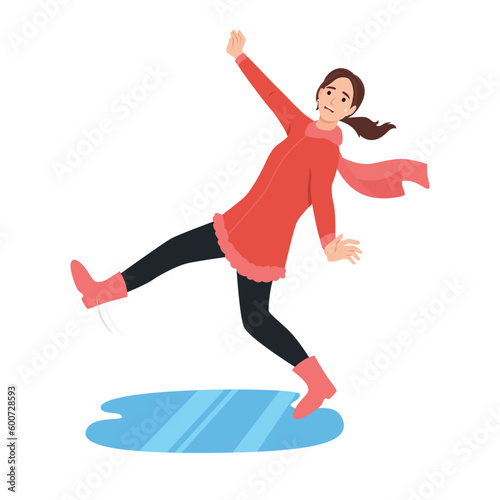 Woman slipped on the snowy slippery road. Flat vector illustration isolated on white background photo
