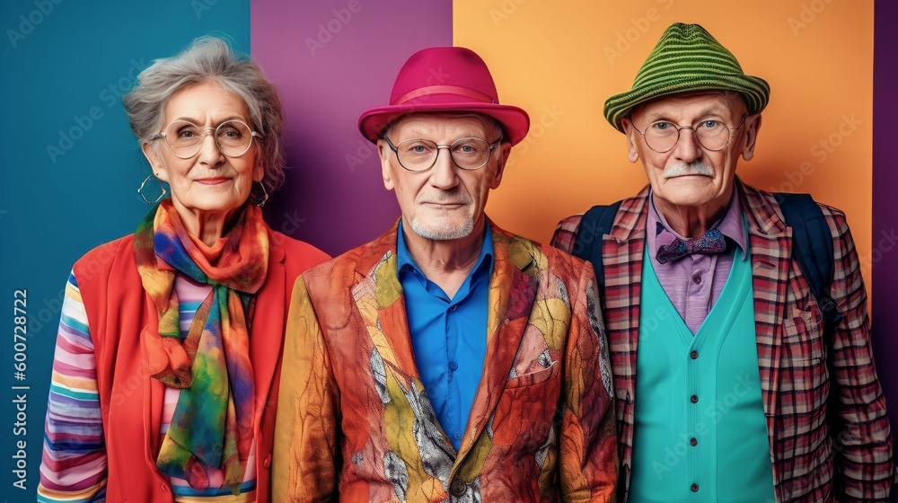 Obraz premium Group of stylish elderly people looking at the camera while standing together with confident poses and colourful clothing, Generative AI