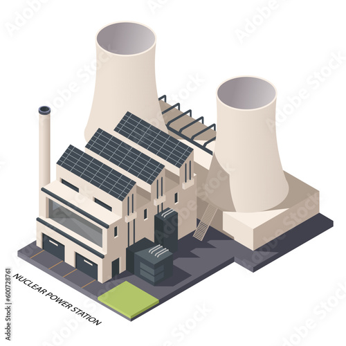 Nuclear power station. Industrial energy building in 3d isometric design. Power plant and alternative green electric generation station. Reactor power. Vector illustration