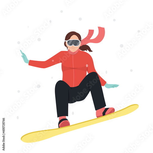 A girl snowboarder rides a snowboard. Springboard jump. Winter activities. Wintersports. Extreme sport. Flat vector illustration isolated on white background