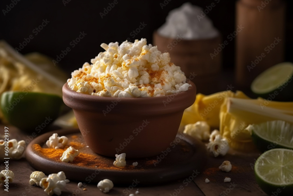 esquite corn mixed with creamy mayonesai, in a clay bowl on a clay board on a dark background, generativ ai