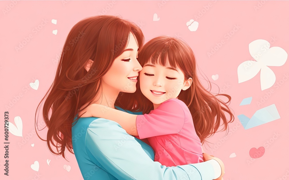 Illustration of a mother and daughter cuddling one other during Mother's Day. 