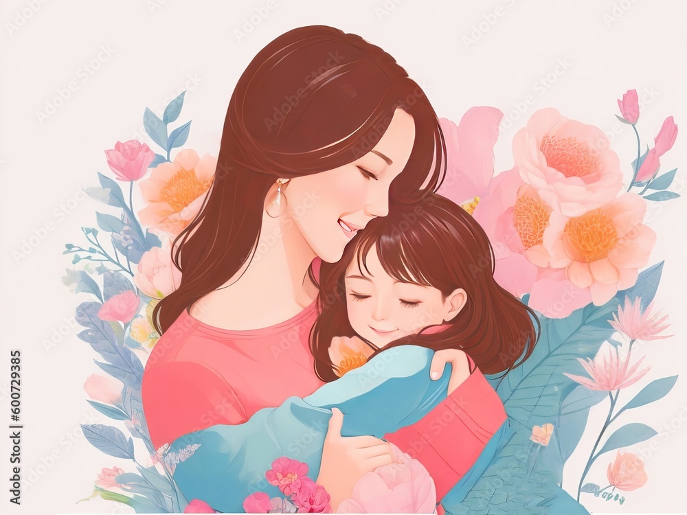 Illustration of a mother and daughter cuddling one other during Mother's Day. Illustration of a mother and daughter cuddling one other during Mother's Day.